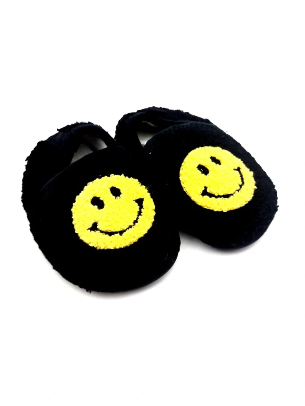 Baby Slipper Shoes Size 6/7 Unisex Black Slip On Rubber Bottoms Smilie Face